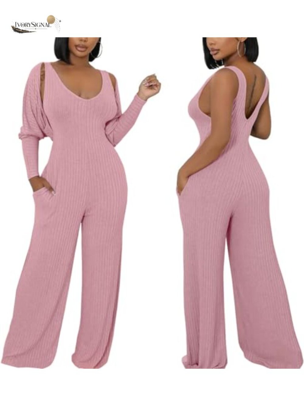 Ribbed Knit 2-Piece Wide Leg Jumpsuit Cardigan Lounge Set